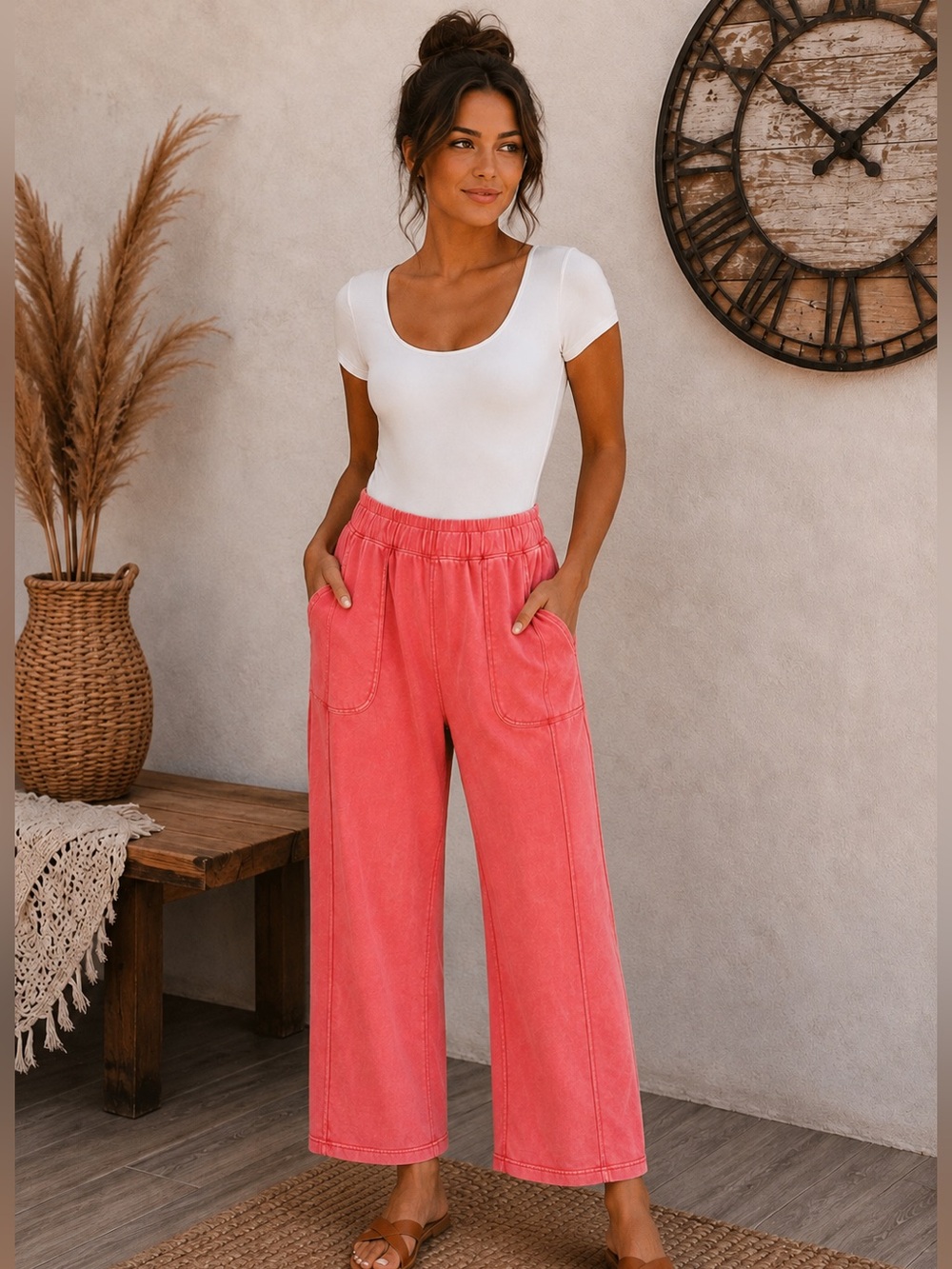 NWOT Sundry Coral Pink Wide-Leg Raw Hem Elastic Waist Pants